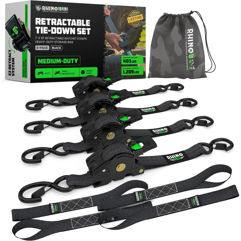 Pack de 4 Cinchas de Carraca Retráctiles Rhino – 1" x 3m, Correas de Sujeción Automáticas de Alta Resistencia