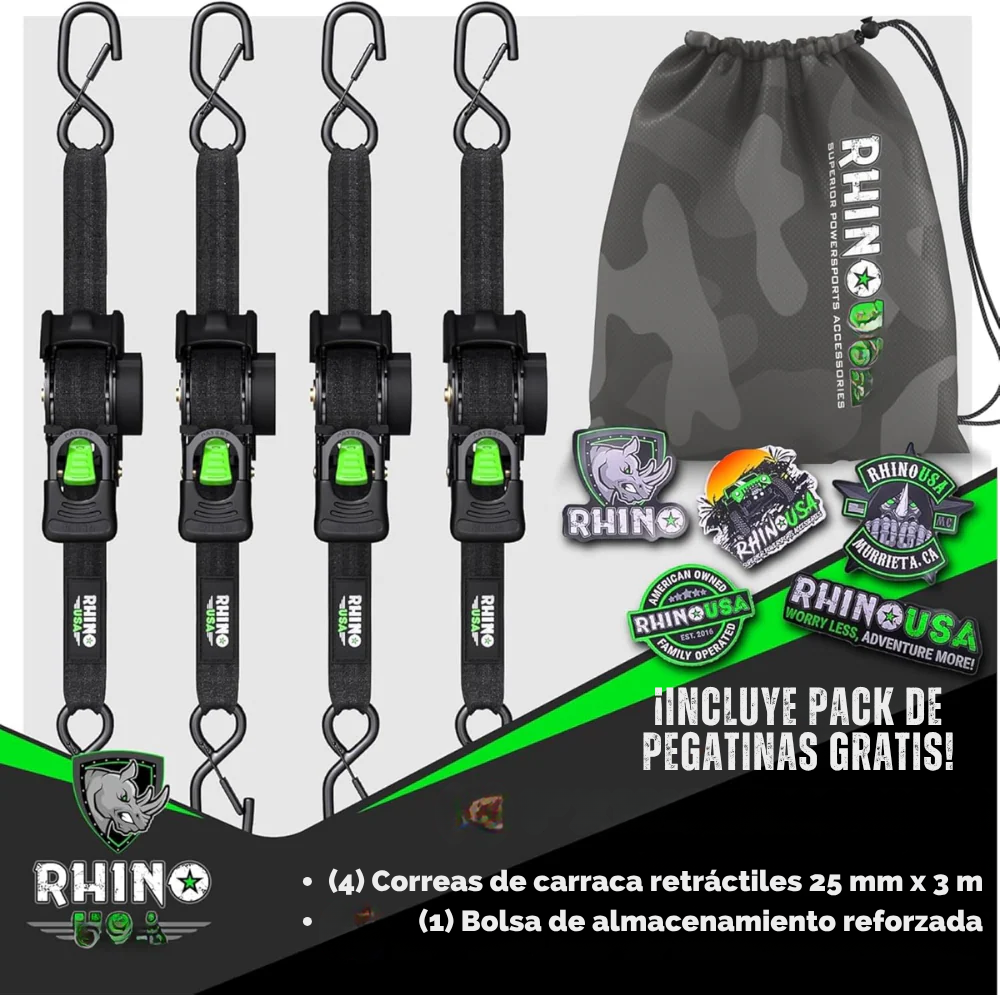 Pack de 4 Cinchas de Carraca Retráctiles Rhino – 1" x 3m, Correas de Sujeción Automáticas de Alta Resistencia