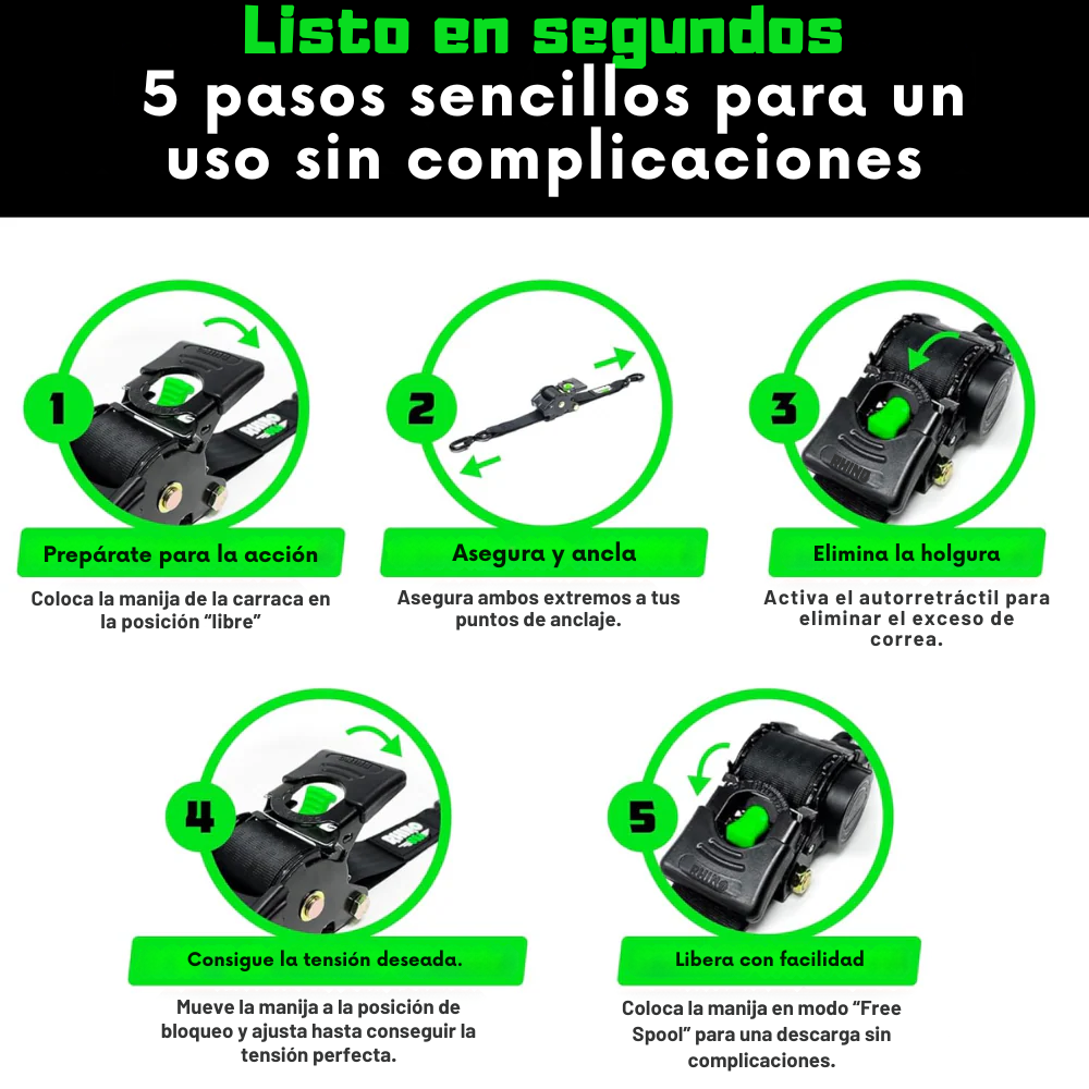Pack de 4 Cinchas de Carraca Retráctiles Rhino – 1" x 3m, Correas de Sujeción Automáticas de Alta Resistencia