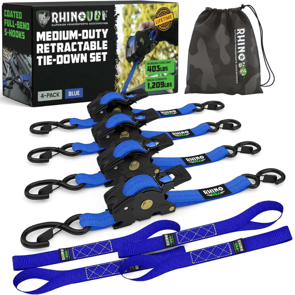 Pack de 4 Cinchas de Carraca Retráctiles Rhino – 1" x 3m, Correas de Sujeción Automáticas de Alta Resistencia
